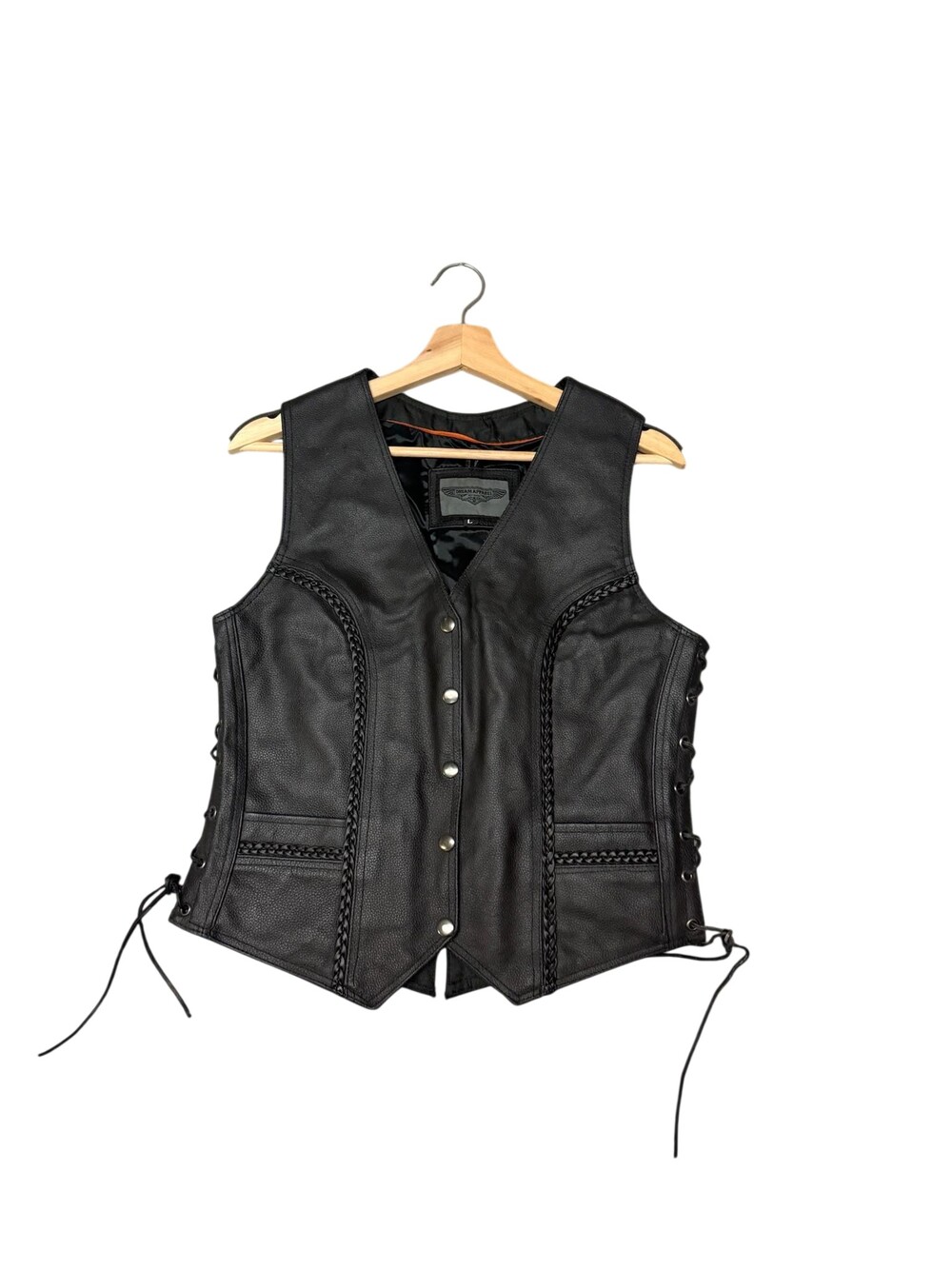 Dream Apparel Vest Womens Large Black Leather Braid Lace Up Snap Biker Moto